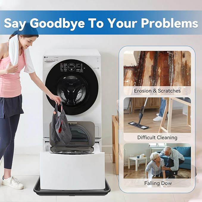 Washing Machine Drain Pan, Features a Heavy Durable Plastic Construction,Protects Floors from Leaksf,Size 30X32 Including 1" Drain Fittings(Black)