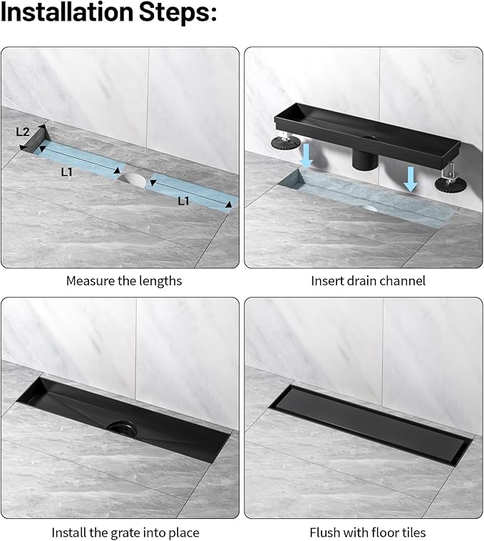 Linear Shower Drain, 304 Stainless Steel with Adjustable Leveling Feet, Hair Strainer,Reversely Install Place to Create an Invisible Floor Drain - Black -54-Inch