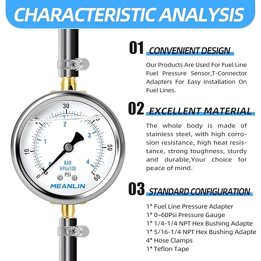 MEANLIN MEASURE 0-60Psi Stainless Steel Liquid Filled Pressure Gauge 1/4" NPT 2.5" FACE DIAL, with 1/4" 5/16" Barbed, WOG Water Oil Air (9Pieces KIT, Back Mount)