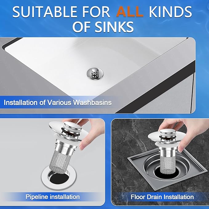 Sink Stopper Hair Catcher,(2PCS) Pop-up Sink Drain Strainer with Removable Stainless Steel Strainer Basket Hair Catcher, Bathroom Sink Strainer for Bathroom Sink Stopper Replacement