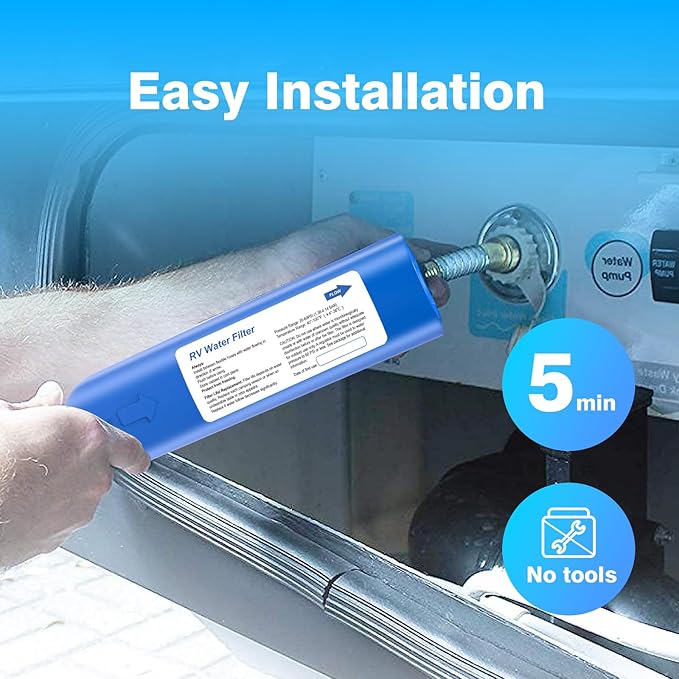 RV Inline Water Filter with 2 Flexible Hose Protector, NSF Certified, Reduces Odors, Chlorine, Bad Taste, Water Filter for Boat, RV, Marine Use, Garden, 2 Pack