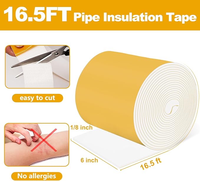DEMEDO Pipe Insulation Tape, Pipe Wrap Insulation Foam Tape Self Adhesive, Outdoor Water Pipe Insulation Roll for HVAC, AC Line Insulation, 6 inch x 16.5 FT Heat Tape for Water Pipe, White