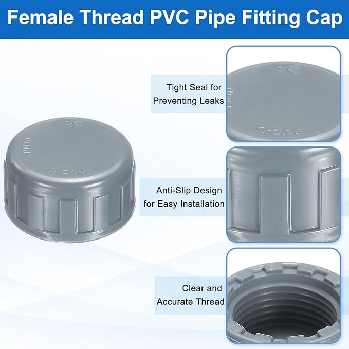 uxcell 5Pcs 3/4 Inch PT Female Thread PVC Pipe Fitting Cap, Cleanout Water Drain End Caps, Pipe Plug Socket Fittings with Gasket for Water Heater Supply Lines, Plumbing, Gray