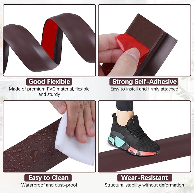 Vinyl Door Threshold Flooring Transition Strip Self Adhesive Carpet Edging Strip for Laminate Doorway Edge Threshold from 1/5" to 2/5" (Coffee, 3.3 Ft)