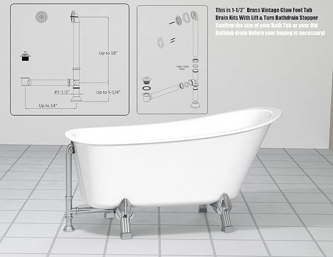 Artiwell Vintage Claw Foot Tub Drain Kit with Lift and Turn Bath Drain Stopper, 1-1/2" Brass Tubular Leg Tub Bathtub Waste and Overflow Drain Assembly with Drain Plug and Bathtub Overflow Cover