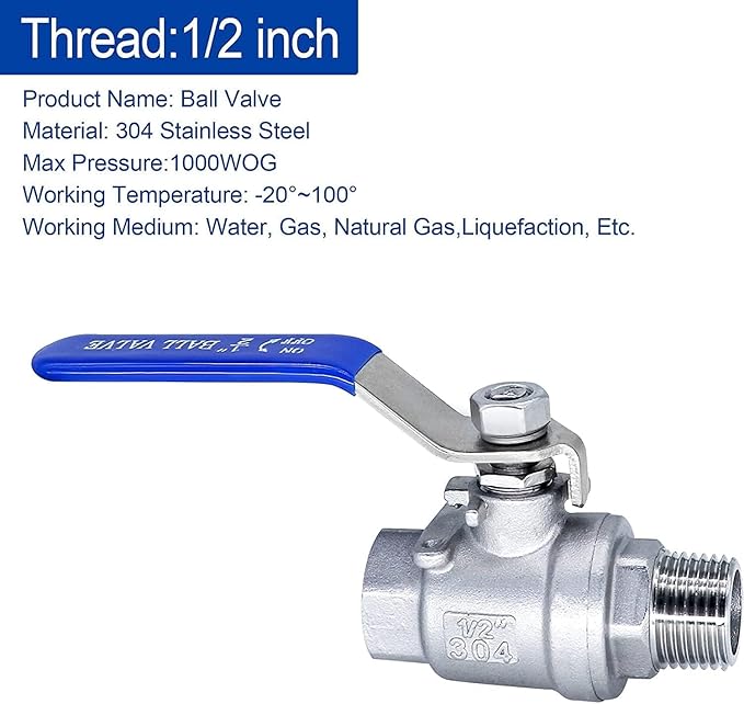 Ball Valve 1/2",1/2" Full Port Stainless Steel Ball Valve 304 NPT Water Valve, 1/2 inch Shut Off Valves for Oil and Gas with Blue Locking Handles 1000 WOG (1/2 inch, 2 pack)
