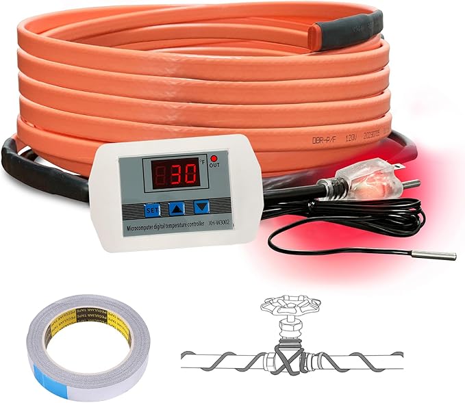 Cupohus Heat Tape for Water Pipes with Digital Display Thermostat 18FT, Freeze Protection Self-Regulating Heat Trace Cable for Metal, Plastic Home Pipes, Roof and RV, 110-120V