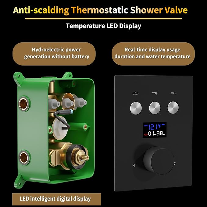 AYIVG Matte Black Shower Flow Control Valve Temperature Display Concealed 3 Way Outlet Function Shower Diverter Valve Brass Thermostatic Mixing Valve Kit Replacement Can Run Together