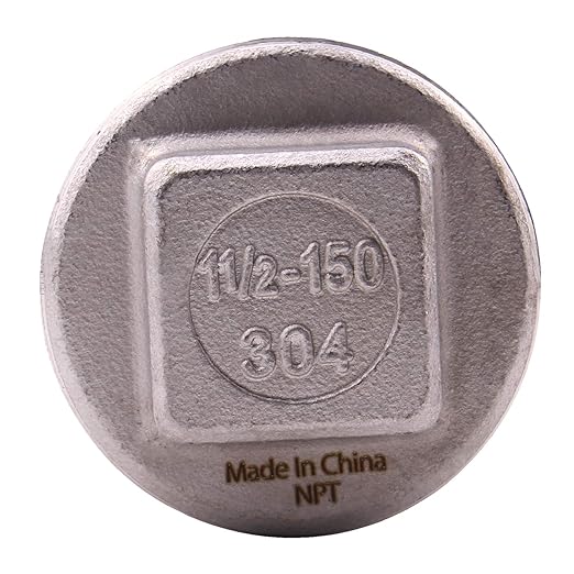 Stainless Steel 304 Cast Pipe Fitting, Square Head Cored Plug, Class 150, 1 1/2 Inch NPT Male