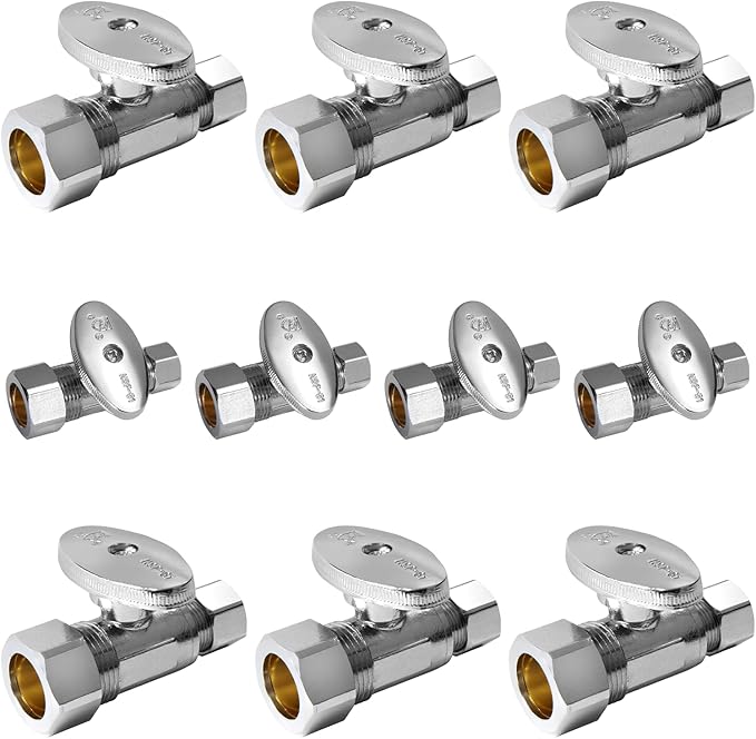 10-Pack Foskan 1/4 Turn Compression Straight Shut off Valve,Straight Stop Valve 1/2" NOM (5/8" OD) x 3/8" OD,Chrome Plated Brass