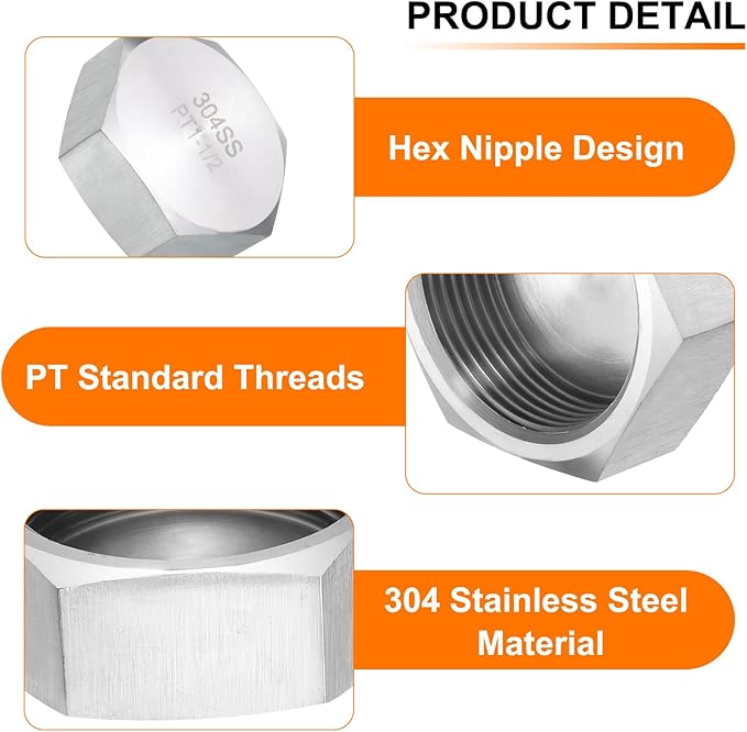 uxcell 1pcs Hex End Cap 304 Stainless Steel Nut with Washer, PT 1-1/2" Female Thread Pipe Fitting, Gas Line Water Line Stop Valve Cap Tubing Ends for Plumbing Fittings, Silver Tone