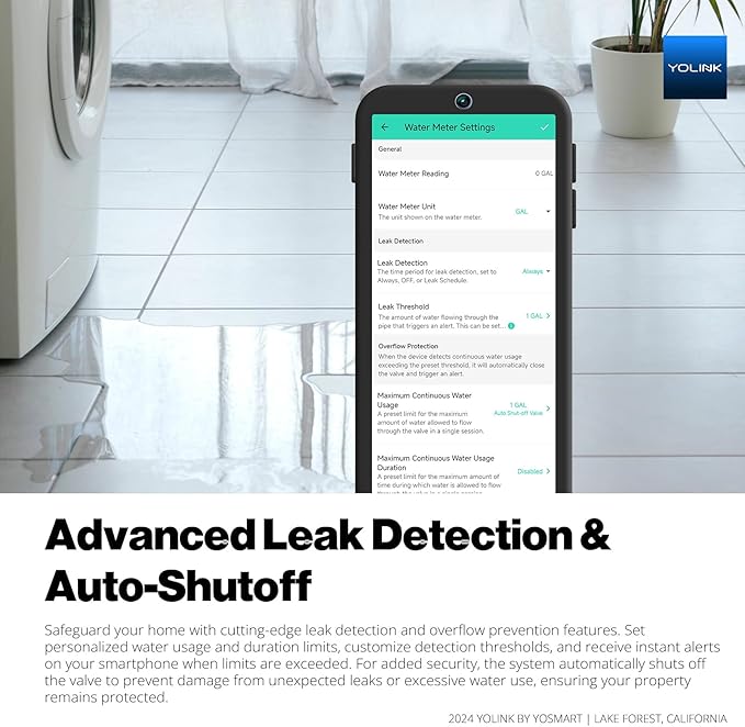 NSF Certified YoLink FlowSmart All-in-One Smart Water Meter & Auto Shutoff for ¾″ Pipes, LoRa Long-Range, Real-Time Leak Detection, 10-Year Battery, 80+ Device Ecosystem, Hub Included – YS5018