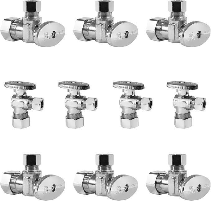 10-Pack Foskan Compression Angle Stop Valve,1/4 Turn Shut Off Valve 1/2" NOM (5/8" OD) x 3/8" OD,Chrome Plated Brass