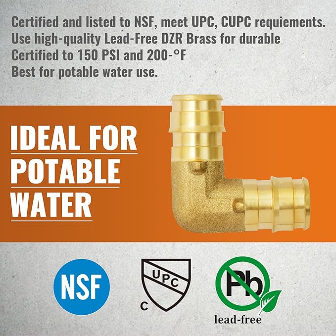 SUNGATOR 12 Pack Pex A Expansion 1/2" x 1/2" Elbow Brass Fitting, No Lead Brass, ASTM F1960 ONLY For Pex-A Tubing