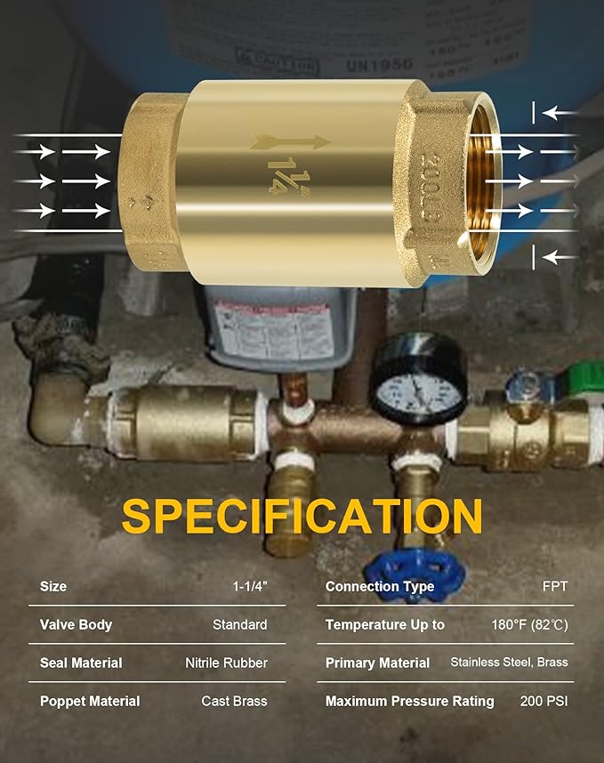 In-Line Check Valve No-Lead Brass Backflow Prevention One Way Check Valves 1-1/4" Female Pipe Thread for most pumps, 1.25'' FNPT × 1.25'' FNPT
