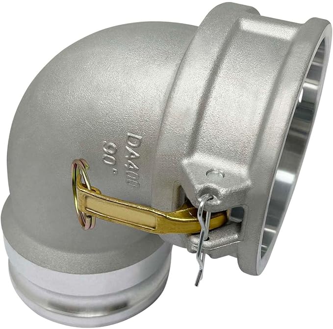 Gloxco Aluminum Type DA Cam and Groove Hose Fitting, 90 Degree Elbow, 4" Female Camlock x 4" Male Camlock (CAM-40-DA90-AL)