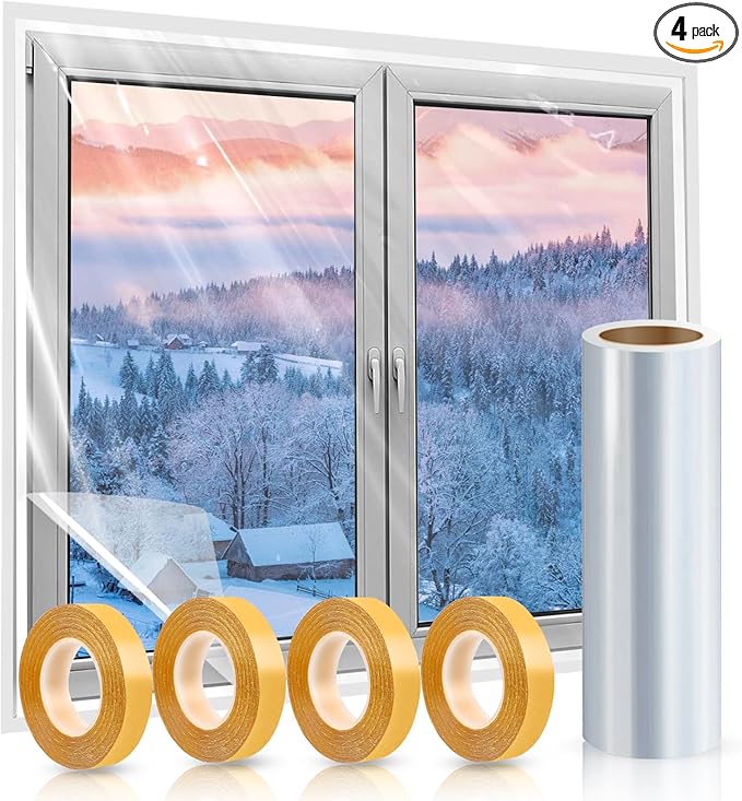 Window Insulation Kit, 87 × 394 Inch Plastic Window Covering for Winter, Window Insulation Film Window Wrap Insulation Windows Winterizing Kit with Double-Sided Tape for 3 Pcs 7 x 9 Ft Windows