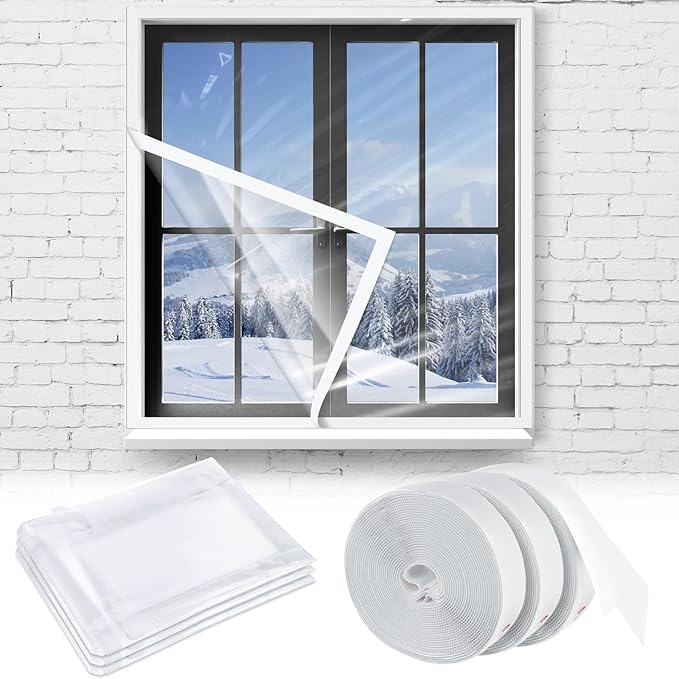 Frienda 3 Pcs Window Insulation Kit 36 x 60 Inch Plastic Window Covering for Winter Transparent Insulation Winterizing Waterproof Film with Double-Sided Tape Thicken Cuttable Clear Warm Cover