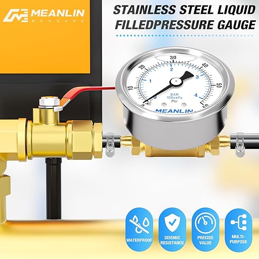 MEANLIN MEASURE 0-60Psi Stainless Steel Liquid Filled Pressure Gauge 1/4" NPT 2.5" FACE DIAL, with 1/4" 5/16" Barbed, WOG Water Oil Air (9Pieces KIT, Back Mount)