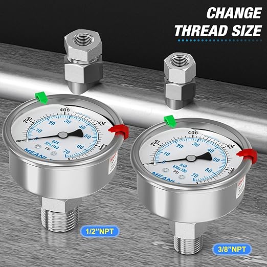 MEANLIN MEASURE 0~1000Psi Stainless Steel Liquid Filled Pressure Gauge 2.5" FACE DIAL 1/4" NPT for WOG Water Oil Air Back Mount with Stainless Steel Hex Bushing and Snaps