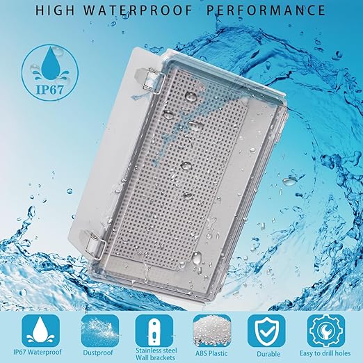 Waterproof Electrical Box with Mounting Plate, IP67 Junction Box Stainless Steel Latch Hinged Clear Cover Project Enclosure with Wall Bracket and 2 Glands 10.2" x 6.3" x 3.9"