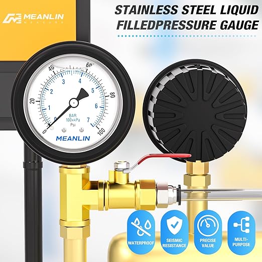 MEANLIN MEASURE 0~100Psi Stainless Steel 1/4" NPT 2.5" FACE DIAL Liquid Filled Pressure Gauge, Lower Mount (with Rubber Protective Sleeve), with 1/2" NPT and 3/8" NPT Hex Bushing
