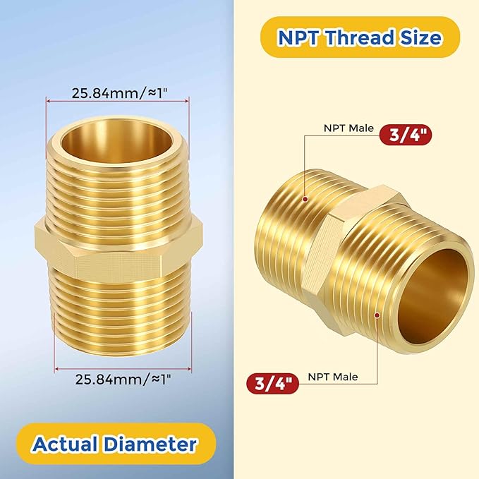 10 Pack Brass Pipe Fittings, 3/4" Male NPT to 3/4" Male NPT Brass Hex Nipple, Male Pipe Adapter Reducer for Air, Oil, LP