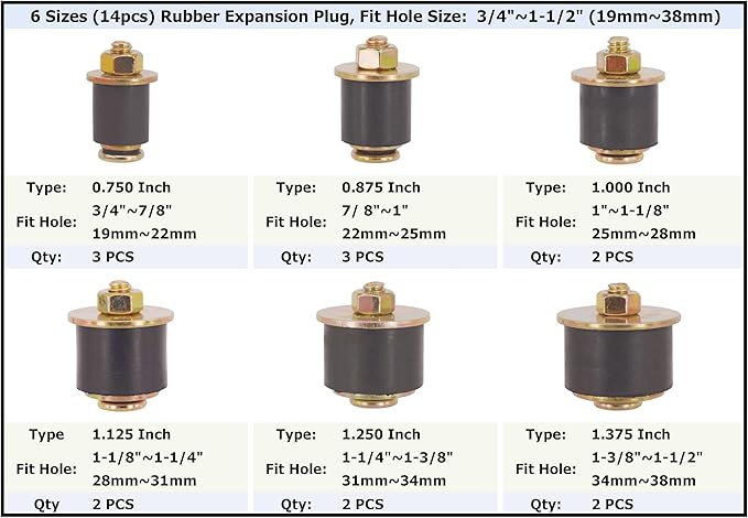 6 Sizes (14pcs) Neoprene Rubber Expansion Plug 3/4" 7/8" 1" 1-1/8" 1-1/4" 1-3/8", Automotive Rubber Freeze Frost Plug Fit Hole Size: 3/4"~1-1/2" (19mm~38mm)