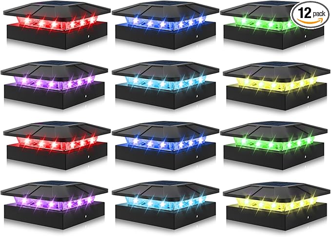 Peasur 4x4 Solar Post Cap Lights Outdoor RGB Color Changing, 12 Pack LED Post Top Light Solar Powered Waterproof, Wood/Vinyl Posts Lighting for Outside Fence Deck Porch Yard Railing Mailbox