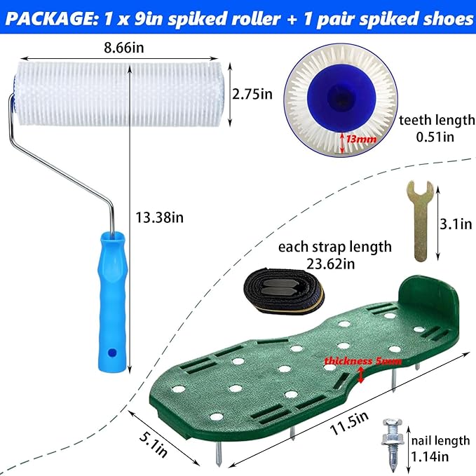9 Inch Screed Spiked Roller Self Leveling Concrete Roller Epoxy Roller Spike Shoes for Epoxy Flooring Cement Floor Leveling Tools Screed Compound Roller