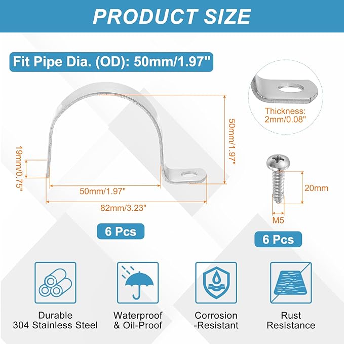 uxcell 6Pcs 50mm(2") One Hole Rigid Pipe Strap, 304 Stainless Steel Conduit Clamp Thicken U Bracket Heavy Duty Pipe Clamp with Self-Tapping Screws for Fixing Tube Cable, Silver