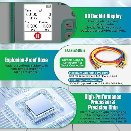 Digital Manifold Gauges HVAC, 92 Refrigerant Dual Pressure & Vacuum Test HVAC Gauges with Hoses R22 R134a R410a Refrigerant Gauge Set with 1/4" SAE Interface, Portable Hook