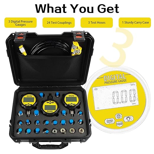 70P Digital Hydraulic Pressure Test Coupling Kit with 3 Gauges (2PC 70MPa, 1PC 16MPa), 22 Test Couplings 3 Test Hoses for Caterpillar John Deere Excavator Construction Machinery Repair Test