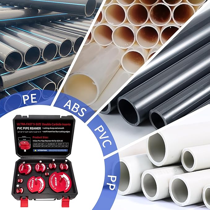 9Pcs Double Blade PVC Pipe Reamer, 1/2inch, 3/4inch, 1inch, 1-1/4inch,1-1/2inch, 2inch, 2-1/2inch,3inch, 4inch Head Aluminum, Fitting Saver, Socket Saver For SCH40, ABS PVC Pipe