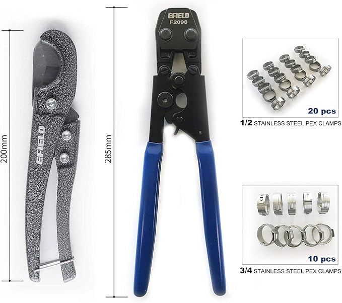 EFIELD Heavy-Duty Canvas Bag/Pex Cinch Clamp Crimping Tool for Stainless Steel Clamps from 3/8" to 1" with Pipe Cutter 20pcs 1/2", 10 pcs 3/4" Clamps Suit US F2098 Standards,(TOOL005)