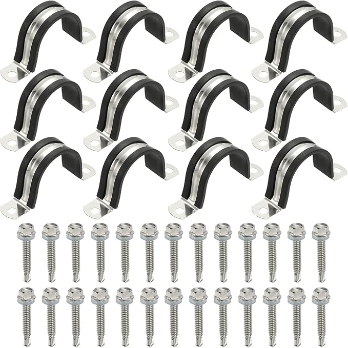 PATIKIL 12Pcs Pipe Clamps, 1-5/8 Inch 304 Stainless Steel Rubber Cushioned U Bracket Conduit Clamps Pipe Strap Wire Clips with Hexagonal Screw for Tube Hose Cord Installation, 42mm