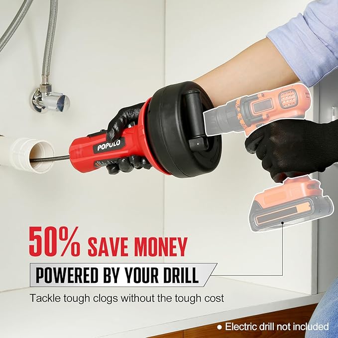 POPULO Drain Auger, Auto Feed Plumbing Snake Clog Remover for Unclog Sink Drain 3/4"-2" Pipe, Snake Hair Drain Clog Remover Cleaner Tools Manually or Powered for Shower, Bathtub, Kitchen, Sink