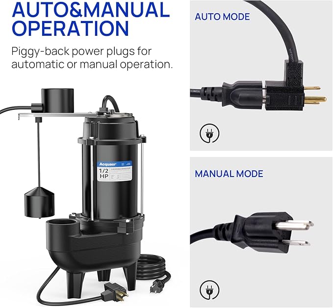 Acquaer 1/2HP Sump Pump Submersible, 6000 GPH Cast Iron Sewage Pump with Automatic Integrated Vertical Float Switch and Piggyback Plug, 2'' NPT Discharge Basements Pump for Sewers, Flood Zones
