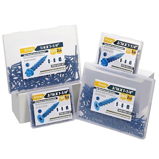 75Pcs 1/4 x 1-1/4 in Concrete Screws with Drill bits,Masonry Screws for Concrete Assortment Kit,Flat Head Block Cement Stacoo Screws and Anchors,Diamond Point,Blue Coated(1LB)