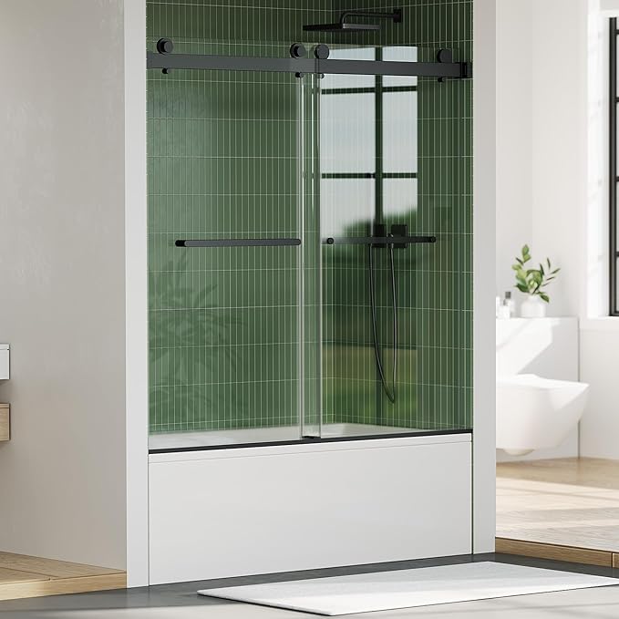 Frameless Double Sliding Shower Door - 56 to 60 Inch Adjustable Width x 59 Inch Height, 1/4" (6mm) Clear Tempered Glass with Easy-Clean, Space-Saving Bypass Design, Matte Black Finish for Bathroom