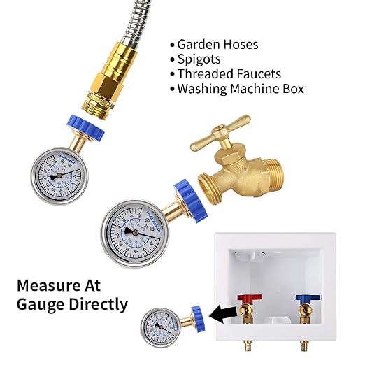 MEASUREMAN 2-1/2" Water Pressure Gauge Kit 6 Parts Kit, Lead-Free Brass, 2-1/2" dial, 0-200 Psi，Glycerin Filled,3/4" Hose Thread, Plus 5 Adapters