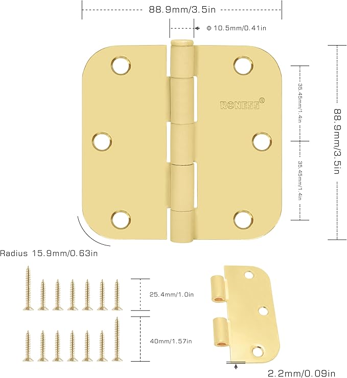 18 Pack Polished Gold Door Hinges 3.5 Inch, 5/8" Radius Rounded, Standard Residential for Doors 3 ½",Sturdy Hinges, Interior Hinges
