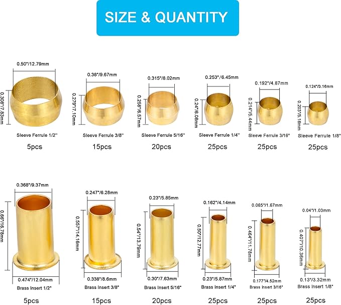 Compression Fittings Assortment kit-6 Sizes(1/8"3/16" 1/4" 5/16" 3/8" 1/2") Brass Compression Sleeves Ferrules & Insert,used to connect lines for air,water,fuel,oil and inert gases