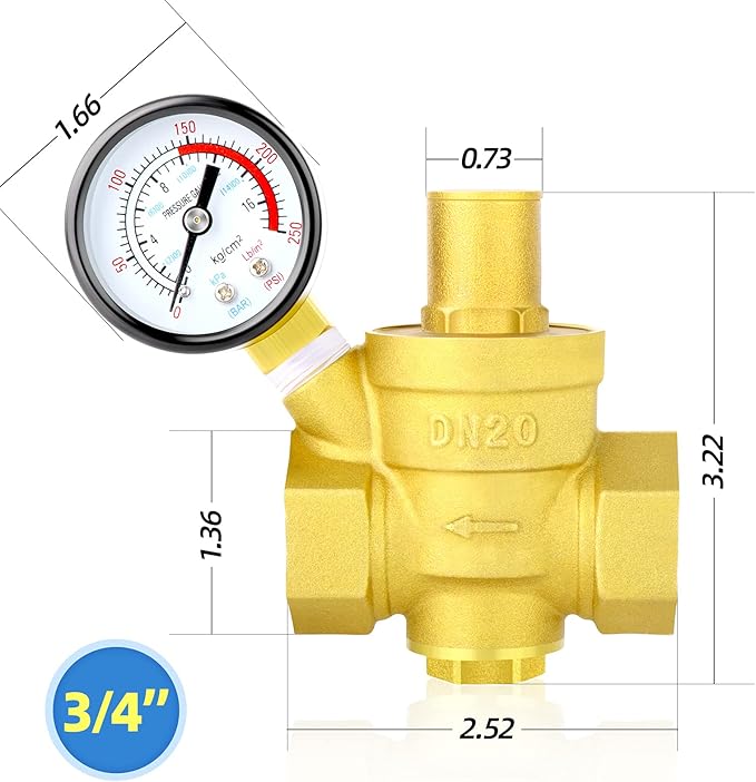 MEANLIN MEASURE 3/4 inch brass Water pressure regulating valve, pressure regulating valve, pressure reducing valve, DN20, with 0-250PSI pressure gauge Yellow