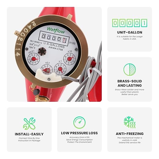 Watflow DN15 Water Meter 1/2" NPT,AWWA C708 Certification Gallon Water Flow Meter with Pulse Output, Hot Water Meter for Garden/Home/Apartment, Horizontal Install.