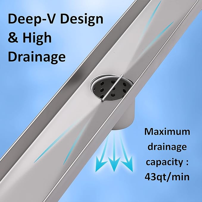 28 inch Linear Shower Drain with Removable Square Hole Panel by Using Brushed 304 Stainless Steel Process, Linear Drain Equipped with Adjustable Feet and Hair Strainer