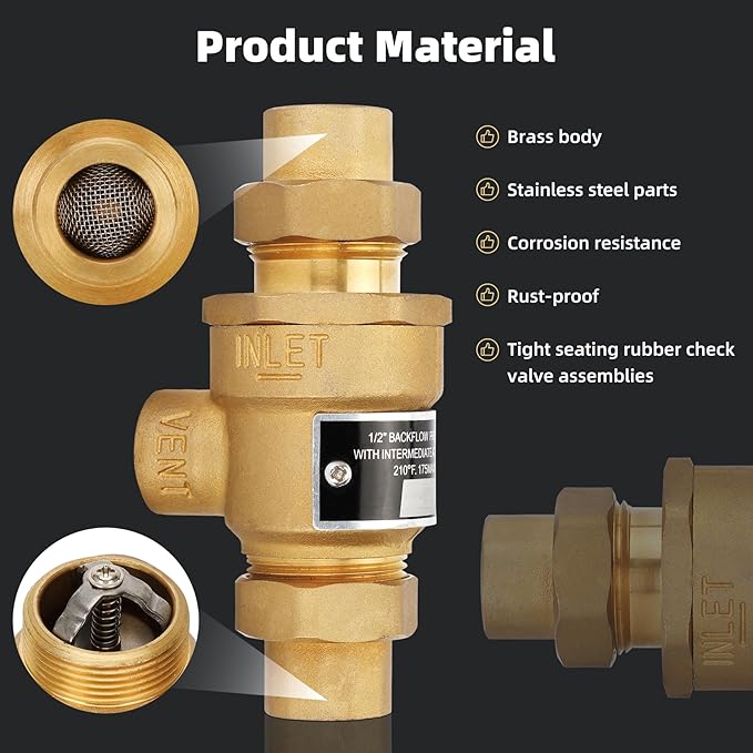 1/2 Inch 9D-M3 Backflow Preventer Brass Dual Check Valve with Intermediate Atmospheric Vent,1/2 Inch,Female Union Inlet and Outlet,190T012,Replacement for Watts
