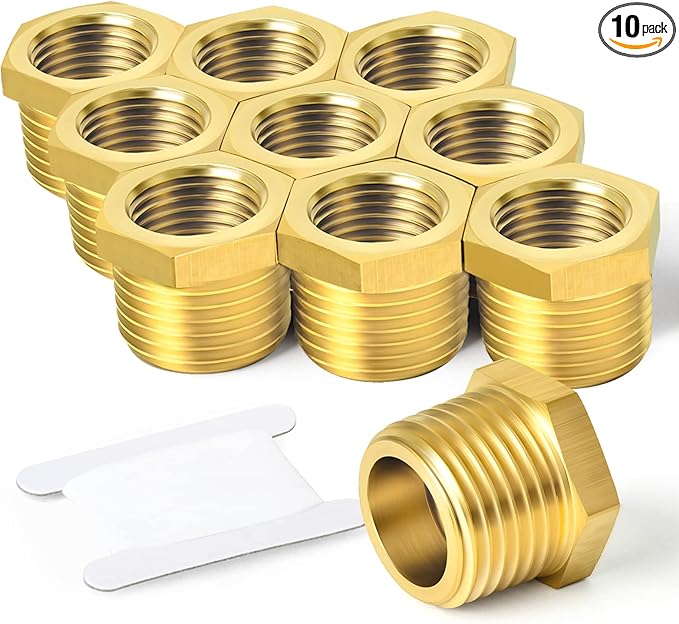 TAISHER 10PCS Brass Reducer Hex Bushing Threaded Pipe Fitting 1/2" NPT Male x 1/8" NPT Female Adapter