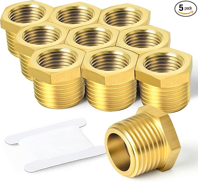 TAISHER 5PCS Brass Reducer Hex Bushing Threaded Pipe Fitting 3/8" NPT Male x 1/4" NPT Female Adapter