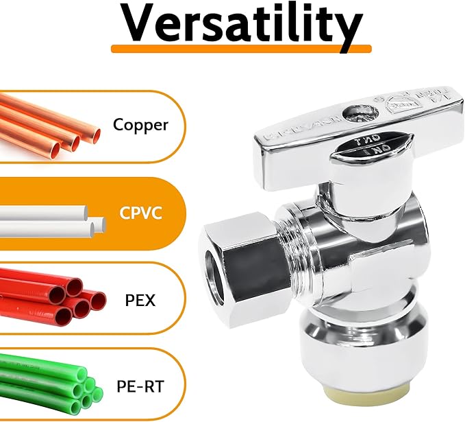 VINTEX 10 Pack Angle Stop Valve 1/2"Push X 3/8" Threaded Compression, 1/2 Inch Push x 3/8 Inch Compression Water Shut Off Valve, 9/16-24UNEF Thread, Copper, CPVC, PE-RT